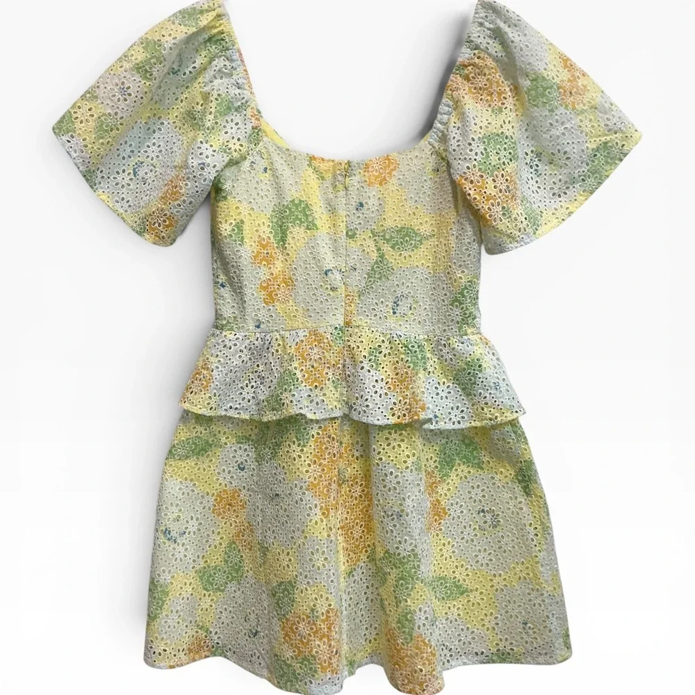 NWT Sabo Skirt Floral Eyelet Mini Dress Lined Yellow Green Cotton Peplum 8 - Picture 4 of 7